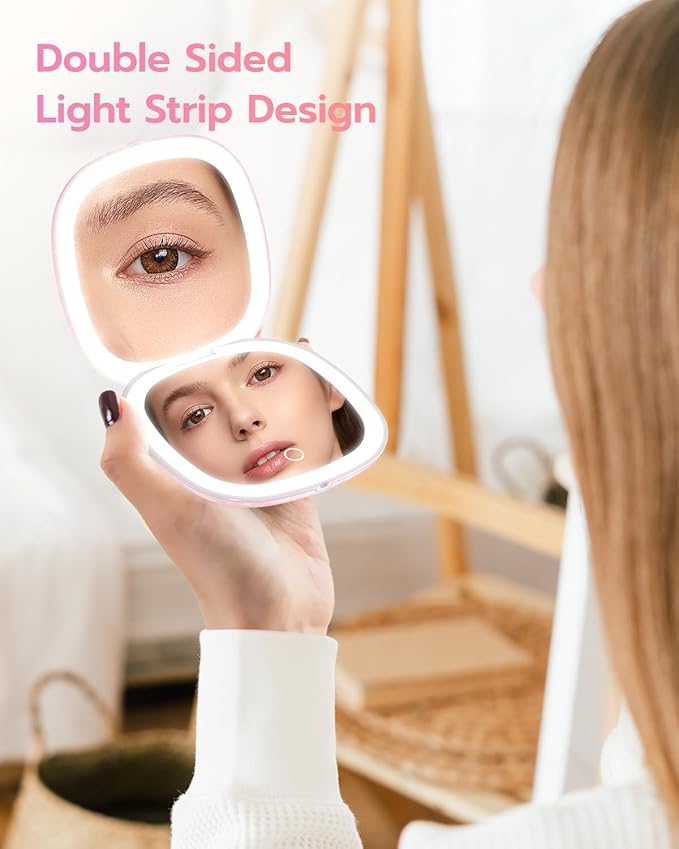 Benbilry 3.9" Rechargeable Compact Makeup Mirror with 3 Light Colors and Magnification 1X / 10X, Double Light Strip Dimmable Small LED Travel Mirror for Purse, Pink and White
