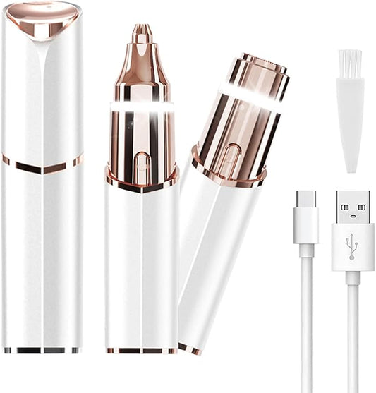 Facial Hair Removal Eyebrow Trimmer - Facial Shaver Device 2 in 1 Remover for Face Peach Fuzz Eyebrow Nose Ear Hair Chin Lips Armpit with LED Light Rechargeable for Women Men Travel Size (White)