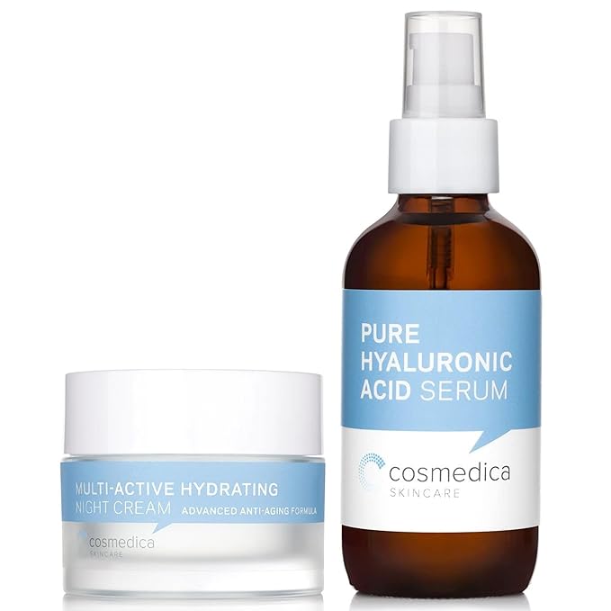 Cosmedica Skincare Hydrating Night Cream 2 Oz & Pure Hyaluronic Acid Serum 4 Fl. Oz Bundle – Anti-Aging & Moisturizing Duo for Face and Neck with Hyaluronic Acid, Shea Butter & Vitamin E, 2 Oz