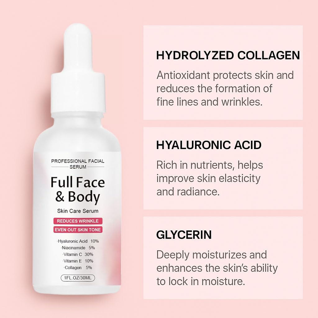 Finones Skin Vitamin Serum for Face & Body, 5 in 1 Anti Wrinkle Firming Serum, Anti-Aging Essence with Hyaluronic Acid, Collagen, Lifting Firming Essence, Hydrate Moisturize, Reduce Fine Lines