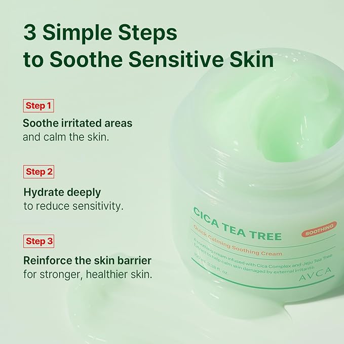 AVCA Quick Calming Cica Tea Tree Cream 100ml(3.38 fl. oz) – Soothing Moisturizer for Sensitive, Redness-Prone Skin, Lightweight Hydrating Gel, K-Beauty
