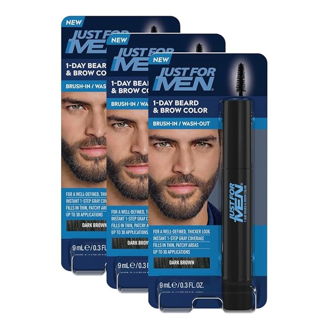 Just for Men 1-Day Beard & Brow Color, Temporary Color for Beard and Eyebrows, For a Fuller, Well-Defined Look, Up to 30 Applications, Dark Brown, Ships in Eco-Friendly Packaging (Pack of 3)