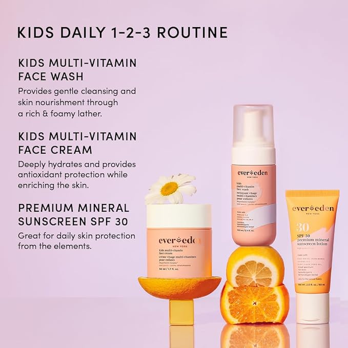Evereden Kids Daily 1-2-3 Routine Bundle: Clean & Vegan Skin Care Set - Hydrating & Nourishing Tween Skincare Set with Multi-Vitamin Face Wash, Face Cream, Lotion, & SPF 30 Mineral Sunscreen (Melon)