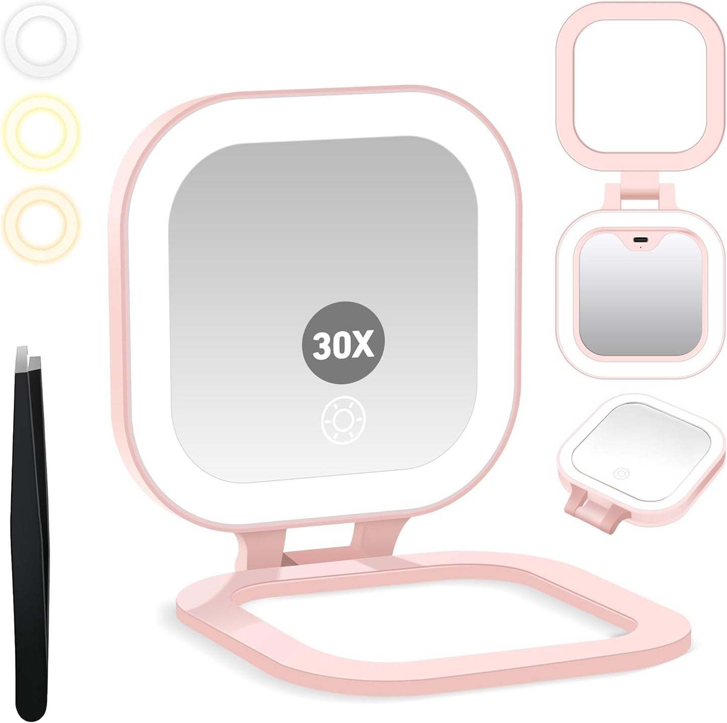 Travel Mirror with Light, 1x/30x Magnifying Mirror with 3 Color Lights and Adjustable Brightness, 4.5x3.9 inch Small Compact Hangable Hand Pocket 3 Way Mirror, Comes with Tweezer