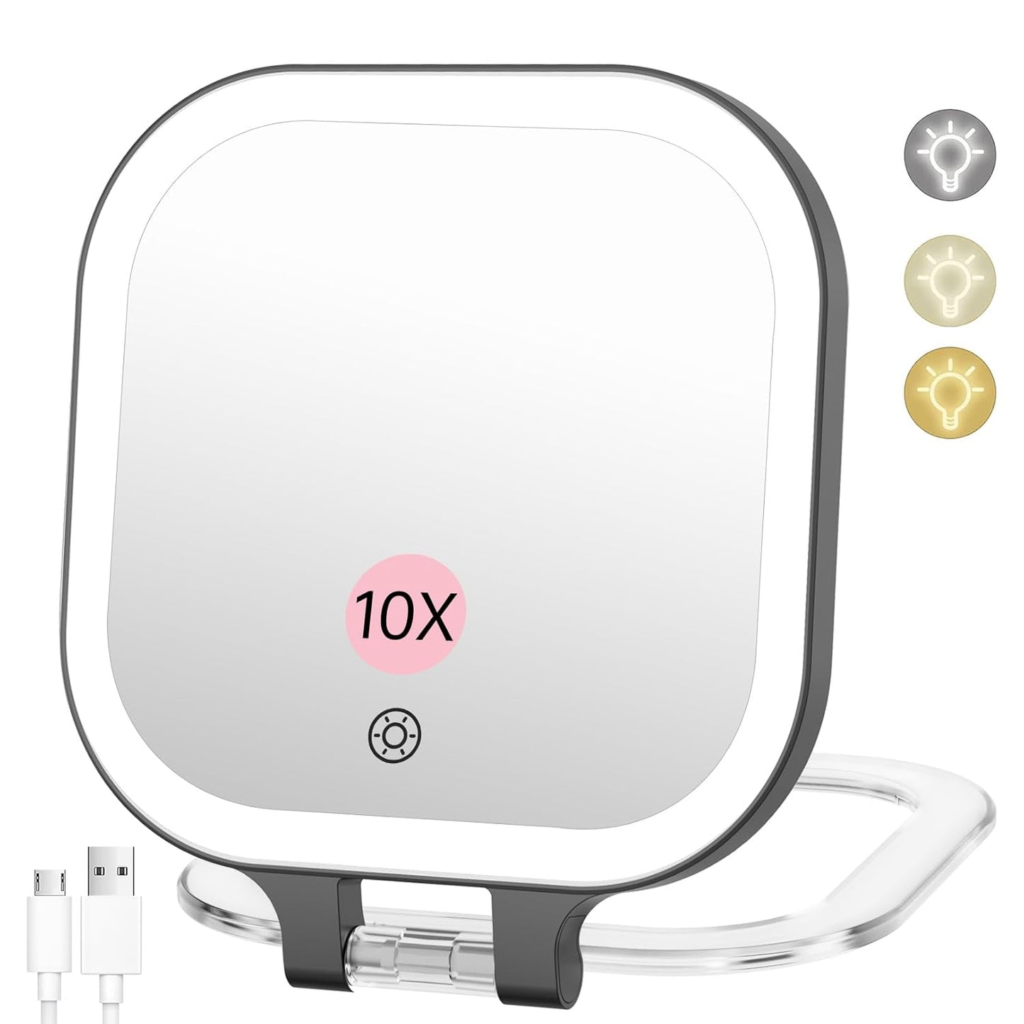 FASCINATE 10X Magnification Rechargeable Travel Makeup Mirror, 7" Lighted Portable Vanity Mirror with 3 Colors Lighting & Stepless Dimming, Double Sided LED Mirror, Gift for Women (Black)