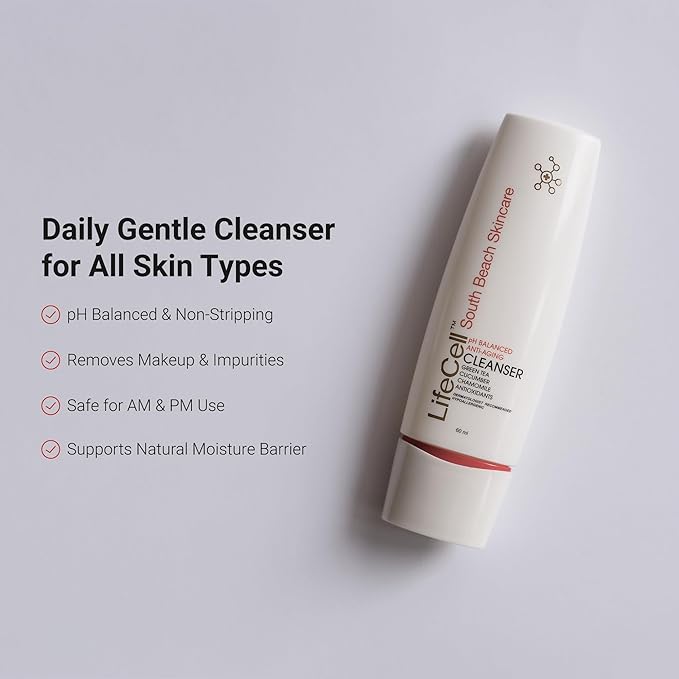 LifeCell Anti-Aging Facial Cleanser – pH Balanced Daily Face Wash with Green Tea, Cucumber, and Resveratrol – Hydrating & Gentle Makeup Remover for Sensitive Skin – 60ml
