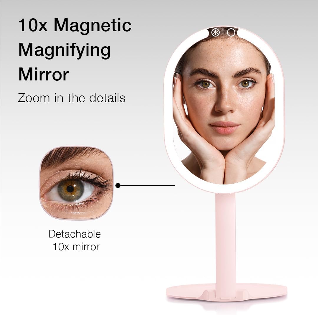 Fancii LED Rechargeable Portable Makeup Mirror with 3 Color Light Settings & 10x Magnetic Magnifying Mirror – Ultra Slim, Foldable Travel Vanity Mirror, 1500 mAh Battery, Height (Pink)