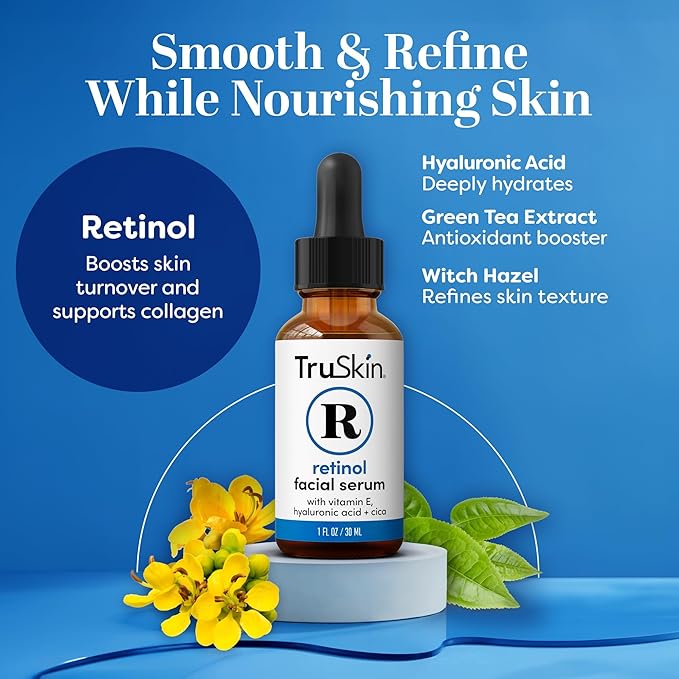 TruSkin Retinol Serum for Face – Gentle, Skin Friendly Anti-Aging Retinoid with Hyaluronic Acid, Cica & Vitamin E – Retinol Facial Serum for Smoother-Looking Skin & Improved Texture, 1 Fl Oz