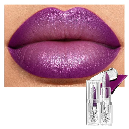 2 in 1 Matte Purple Lipstick Glitter Silver Lipstick Dual Sided Waterproof Lipsticks for Women One Stroke Two-Tone Long Lasting Lip Stick for Christmas Halloween, DU-M8