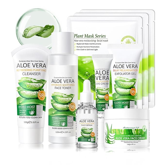 9 Pcs Aloe Vera Skin Care Set with Facial Cleanser,Toner,Face Serum,Face Cream,Eye Cream,Aloe Vera Gel,Hydrating Face Sheet Masks Skin Care Kit for Women and Men