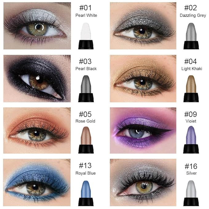 8Pcs Glitter Eye Shadow Sticks Liner Pencils Makeup, Pearl White Smokey Black Gray Silver Violet Purple Khaki Royal Blue Shimmer Glitter Eyeliner Pencil Cream Eyeshadow Palette Makeup for Older Women