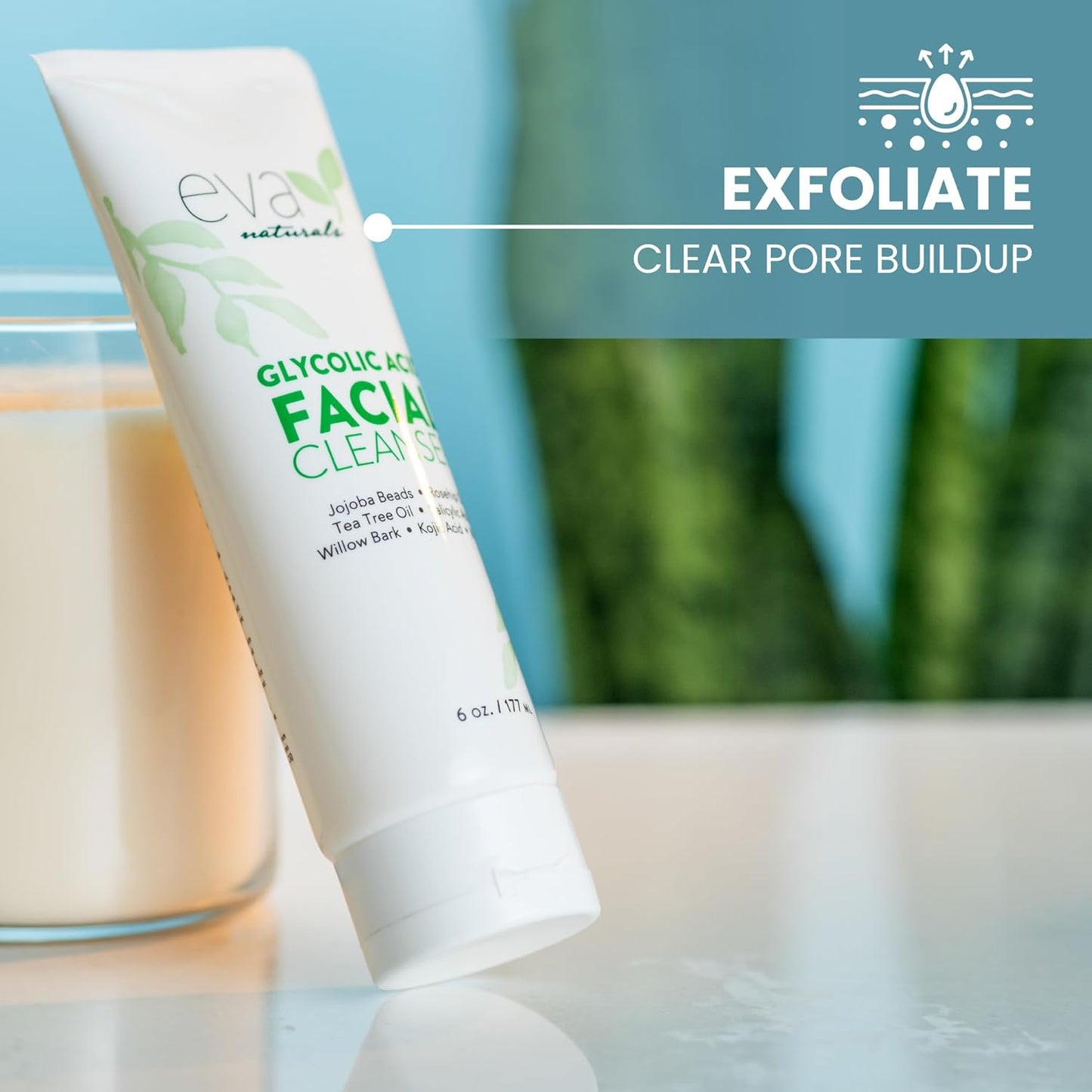 Eva Naturals Glycolic Acid Facial Cleanser – Exfoliating Face Wash with Salicylic Acid, Tea Tree & Vitamin E for Acne, Blackheads, Dark Spots, Wrinkles & Smooth, Clear, Radiant Skin Care - 6 Fl Oz