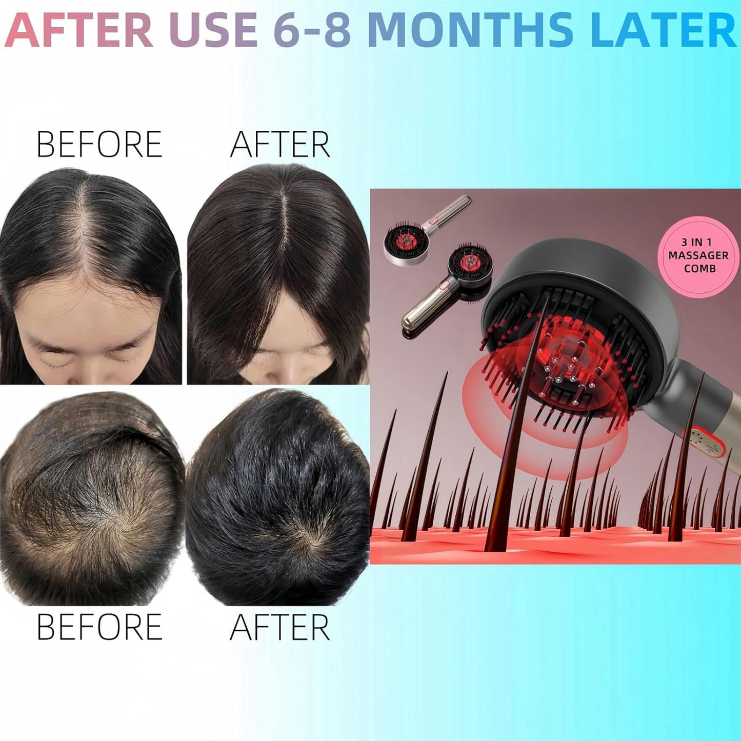 Multi Functional 3 in 1 Electric Scalp Massager Hair Growth, Red Light Therapy Scalp Massager with Oil Applicator, Portable Smart Scalp Hair Brush IPX7 Waterproof