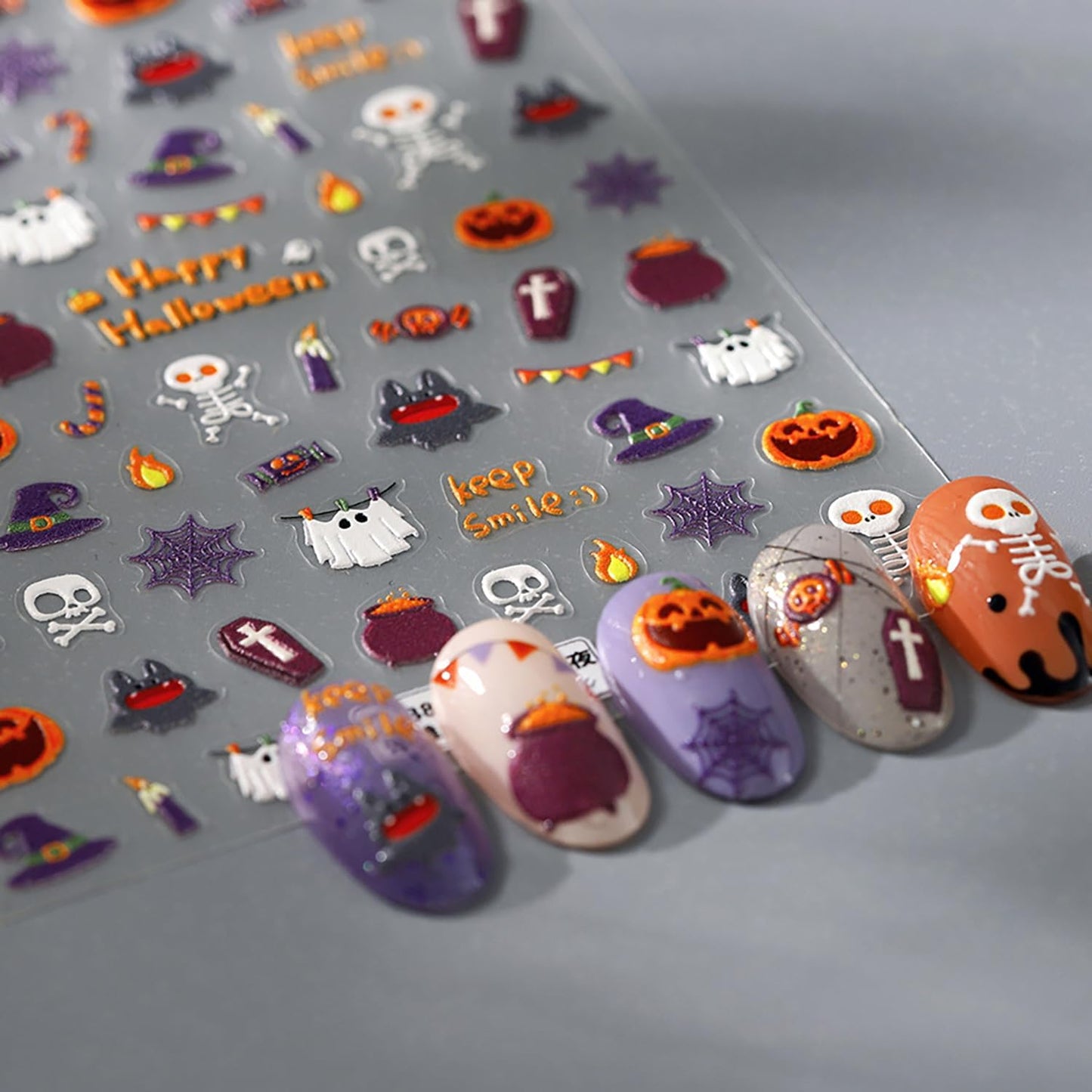 Halloween Nail Art Stickers 5D Embossed Cute Ghost Nail Decals for Nail Art Designs Self Adhesive Skull Spider Web Nail Stickers Pumpkin Bat Nail Supplies for Women Nails DIY Accessores