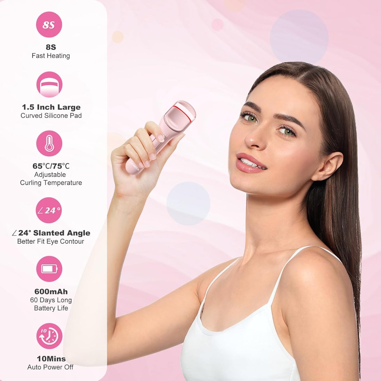 Heated Eyelash Curler Professional - Eye Lashes Curler with Innovative Heating Silicone, Electric Eyelashes Curler with 600mAh Rechargeable Battery EC4001 (Pink)