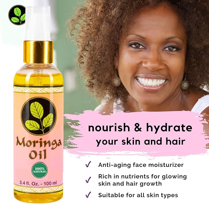 Moringa Oil 3.4 oz – Natural Face, Hair & Body Oil, 100% Pure, Cold-Pressed & Unrefined Moringa Seed Oil, Gluten-Free, Non-GMO, Vegan (100 ml)