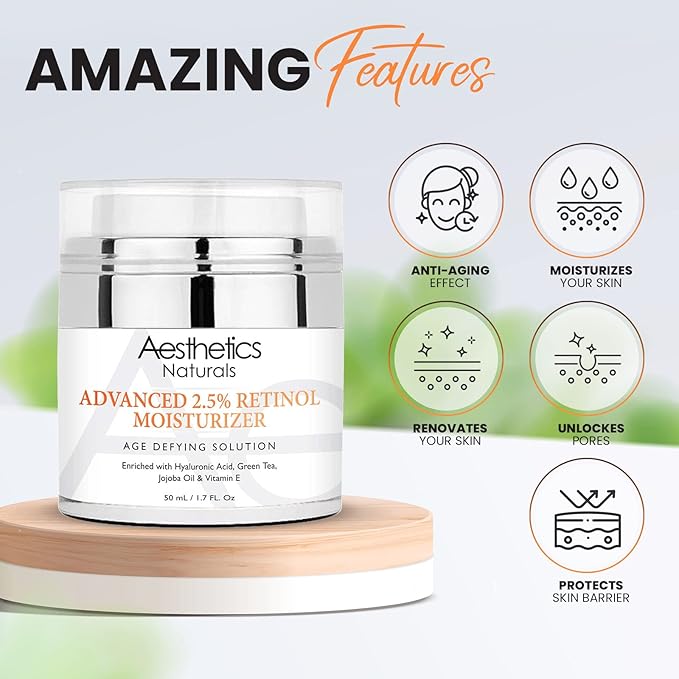 Retinol Cream - Anti-Aging Face & Neck Moisturizer with 2.5% Retinol, Vitamin E, Green Tea, Hyaluronic Acid, Organic Jojoba Oil, & Shea Butter, Day & Night Anti-Wrinkle Cream 1.7oz