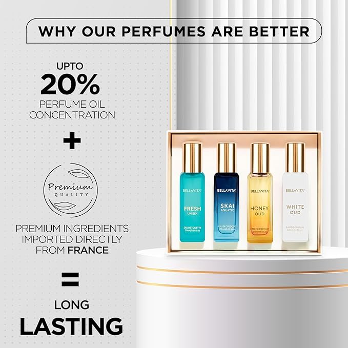 BellaVita Luxury Unisex Cologne Gift Set (4x20ml) | Fragrances Includes Honey OUD, SKAI, FRESH & White OUD | Travel Size Mini Perfumes & Spicy Vanilla Perfume Oil | Unisex Perfume for Women & Men