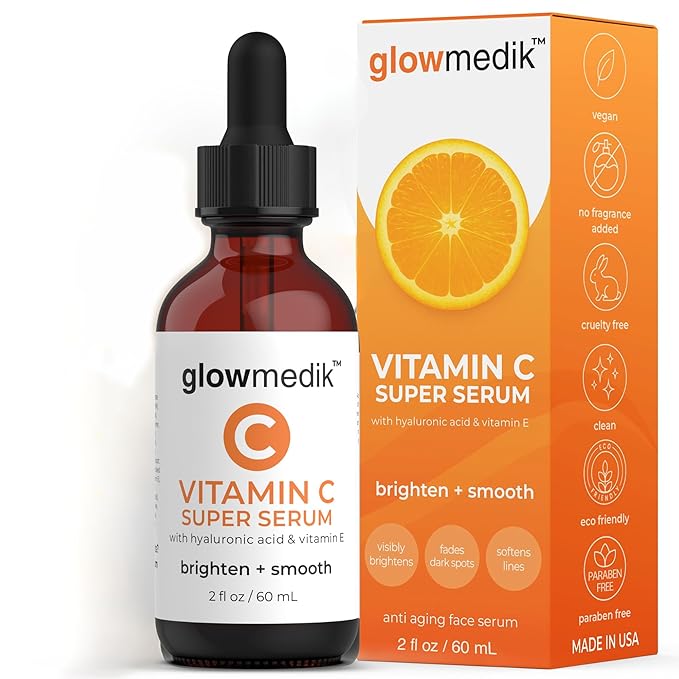 GlowMedik Vitamin C Serum for Face – Brighten + Smooth Vit C Serum with Hyaluronic Acid, Vitamin E & MSM, Hydrates & Firms Dull or Uneven Skin for a Radiant, Youthful-Looking Glow, 60ml