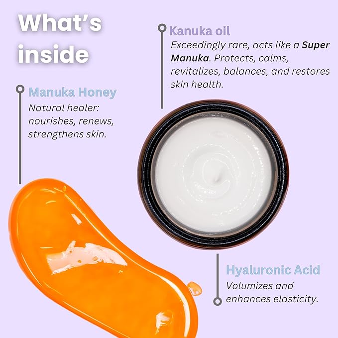 Organic Manuka Honey + Kanuka Oil Night Repair Face Moisturizer Cream | Rejuvenating, Calming, Restoring | 2.5 month supply, 2oz/60ml | Made in New Zealand