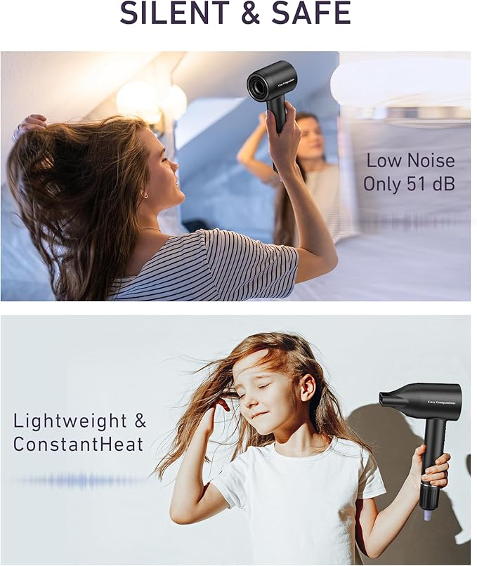 Hair Dryer, 150000 RPM High-Speed Brushless Motor Negative Ionic Blow Dryer for Fast Drying, Low Noise Thermo-Control Hair-Dryer-with-Diffuser and Nozzle