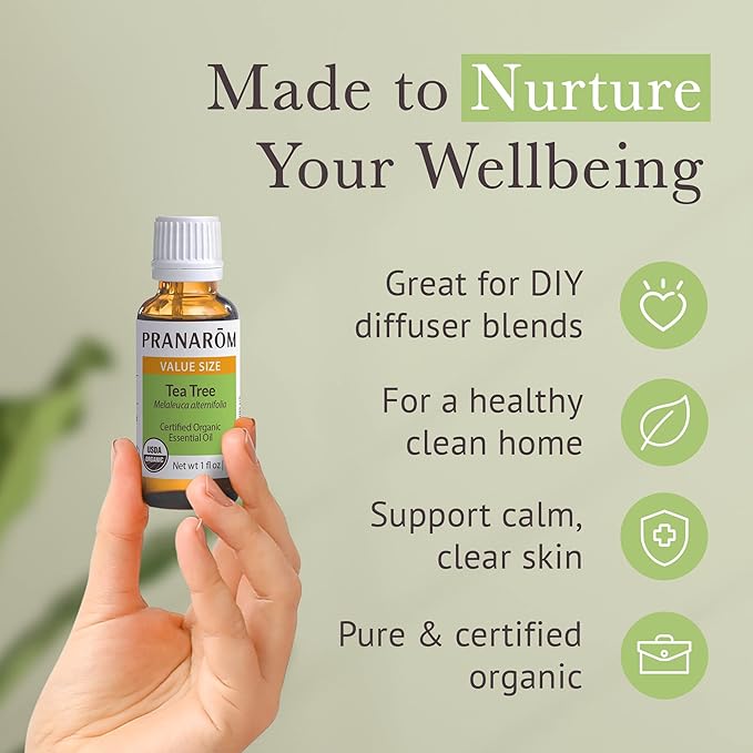 Pranarom USDA Certified Organic Tea Tree Essential Oil (30ml), 100% Pure Undiluted Therapeutic Grade from Zimbabwe for Aromatherapy, Diffuser, Healthy Skin & Hair, Massage, Relaxation