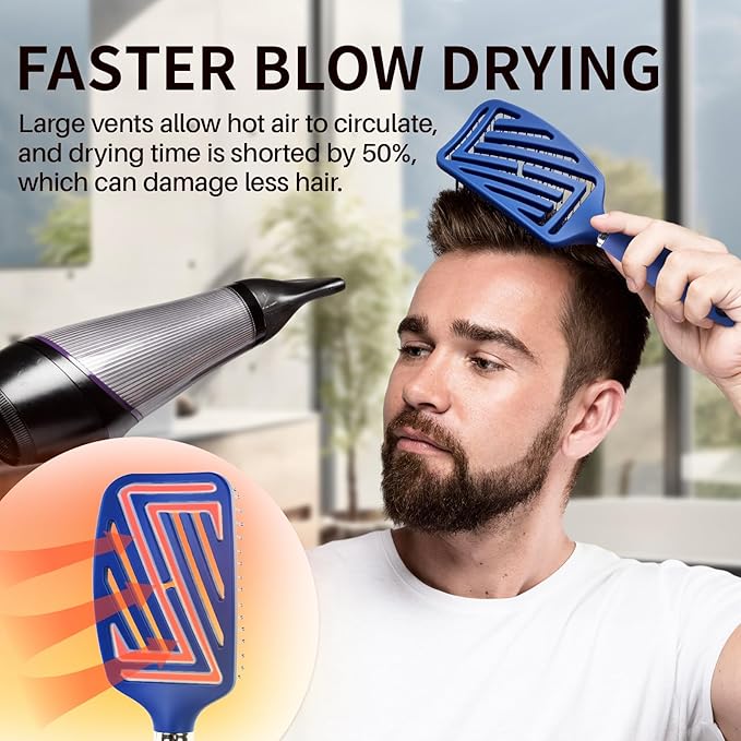 RHOS Curved Vented Detangling Hair Brush for Men, Faster Blow Drying/Styling,Paddle Vent Detangler Brush for Short,Thin,Bangs,Wet&Dry Hair(Blue)