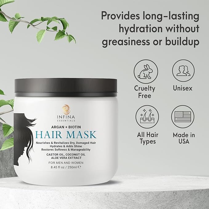 Argan Oil Hair Mask with Biotin - Intensive Hydrating Treatment & Deep Conditioning for Dry, Damaged Hair, Encourages Hair Growth - All Hair Types, Men & Women - 8.45 fl oz