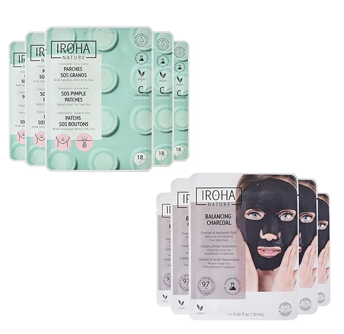 Pimple Patches (90 patches) + Facial Charcoal Masks (5 Masks) - Salicylic Acid Pimple Buttons & Face Mask for Skin Care with Activated Charcoal, for acne-prone skin, Vegan - Total Bundle 10 pieces