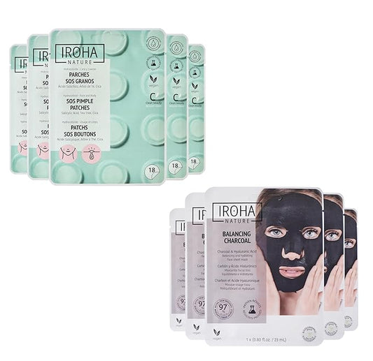 Pimple Patches (90 patches) + Facial Charcoal Masks (5 Masks) - Salicylic Acid Pimple Buttons & Face Mask for Skin Care with Activated Charcoal, for acne-prone skin, Vegan - Total Bundle 10 pieces