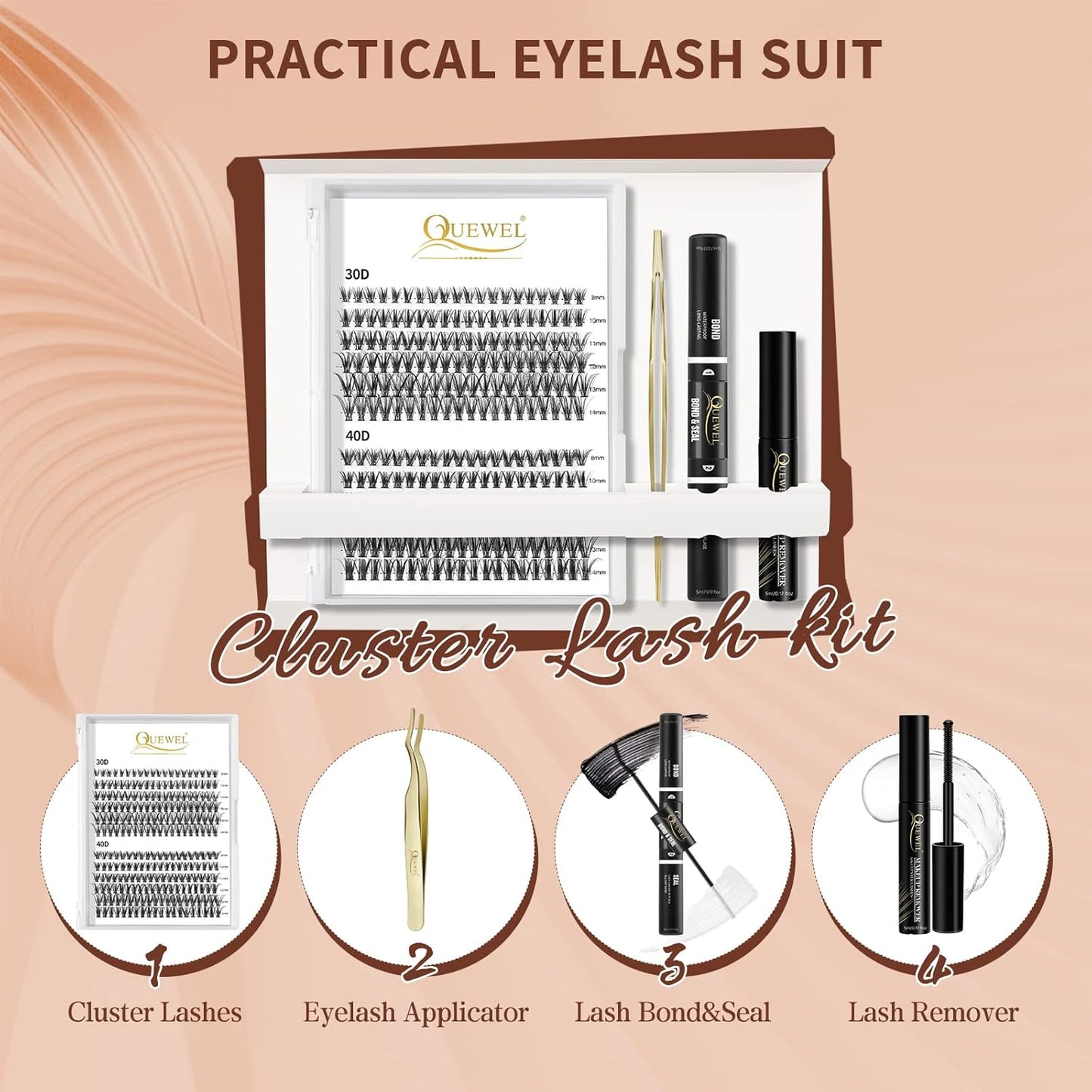 QUEWEL Lash Clusters Kit, 240 Pcs Lash Clusters 30D+40D DIY Lash Extensions Kit with Applicator Tool, Bond and Seal Super Hold, Glue Remover Easy to Apply at Home(30D+40D D MIX8-14)