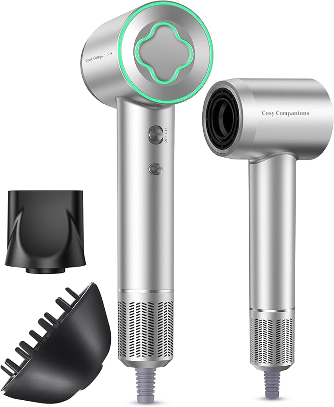 Hair Dryer - 150000 RPM High-Speed Brushless Motor Negative Ionic Blow Dryer for Fast Drying, Low Noise Thermo-Control Hair Dryer with Diffuser and Nozzle, Silvery