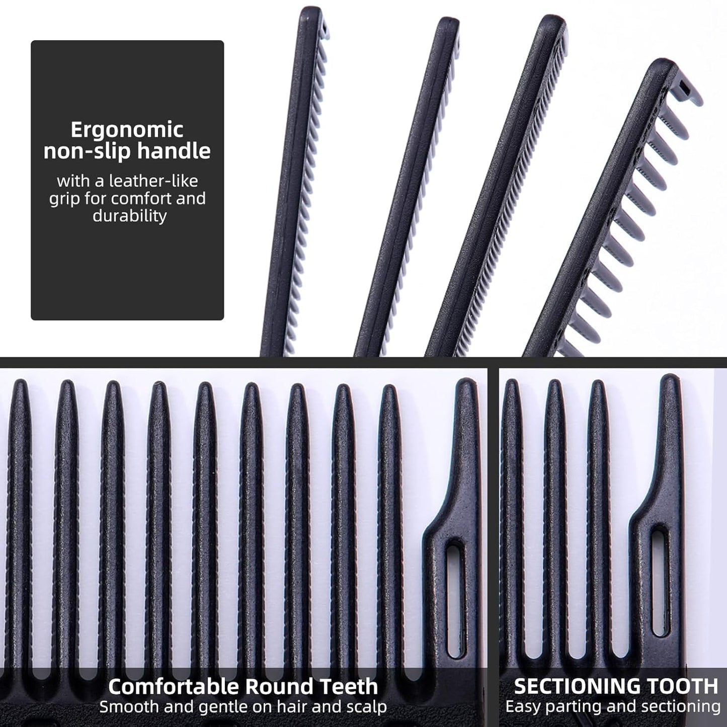 PERFEHAIR 2-Pack Professional Round Tooth Hair Cutting Comb - 7.4 Inch, Black Carbon Fiber Anti-Static & Heat Resistant, Durable Barber Combs with Fine & Wide Tooth for Precise Haircut for Men & Women