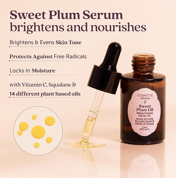 Sweet Plum Vitamin C & 4% Squalane Face Serum | Skin Brightening Dark Spot Corrector, Anti-Aging & Hydrating Oil - Evens Tone, Enhances Glow & Moisturizes | 1 Fl Oz