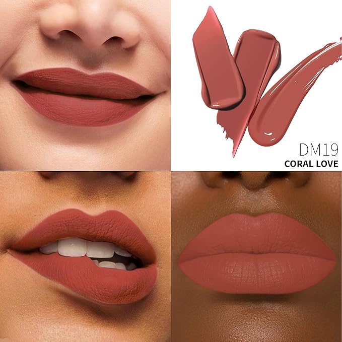 Coral Lipstick Matte for Women Super Stay Long Lasting Lipstick Smudge Proof No Transfer Liquid Lipsticks Cruelty Free Lip Makeup, DM19 Coral Nude
