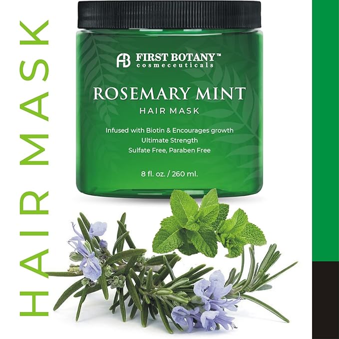 First Botany, Rosemary Mint Biotin Mask - Restorative Deep Conditioning moisturizer w/rosemary oil, for Dry Damaged Hair and growth, Sulfate Free treatment & hair care 8 oz