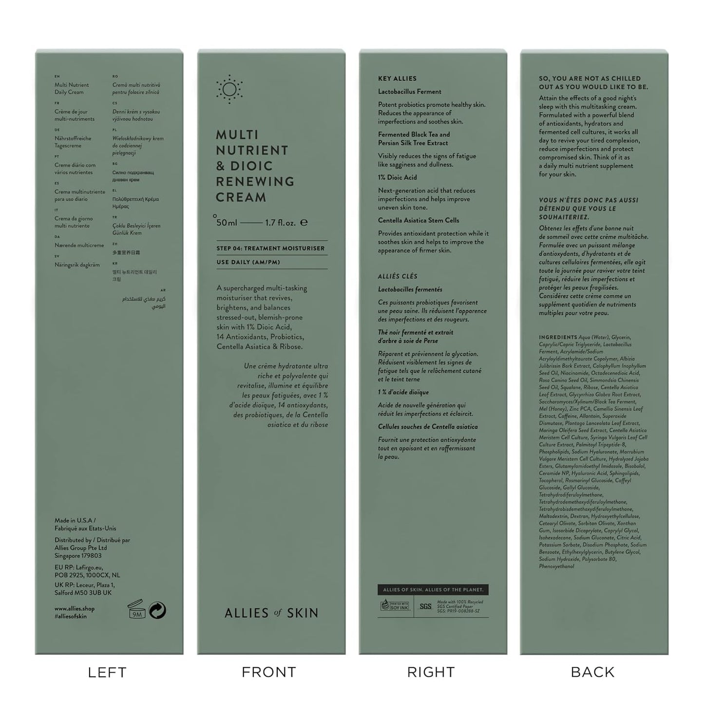 Allies of Skin Multi Nutrient & Dioic Renewing Cream: Moisturizer with Dioic Acid, 14 Antioxidants, Probiotics & Centella Asiatica. Targets Imperfections, Brightens & Protects Skin 1.7 oz / 50 ml