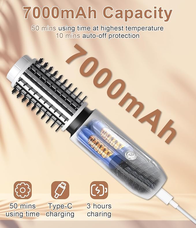 Cordless Hair Curling Iron Brush, 1.5" Mini Cordless Hair Curler, 3-in-1 Travel Curling Brush Hair Straightener Comb Rechargeable, Long Battery Portable Ionic Heated Tool, White