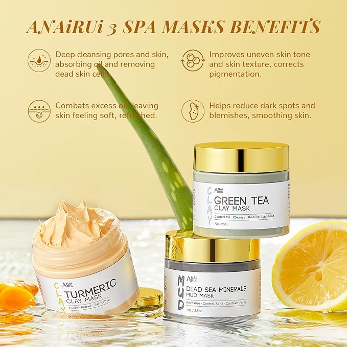 ANAI RUI Face Mask Gift Set, Turmeric Clay Mask - Green Tea Clay Mask - Dead Sea Minerals Mud Mask, Spa Facial Mask Set, Face Mask Gift Set 2.5 oz each