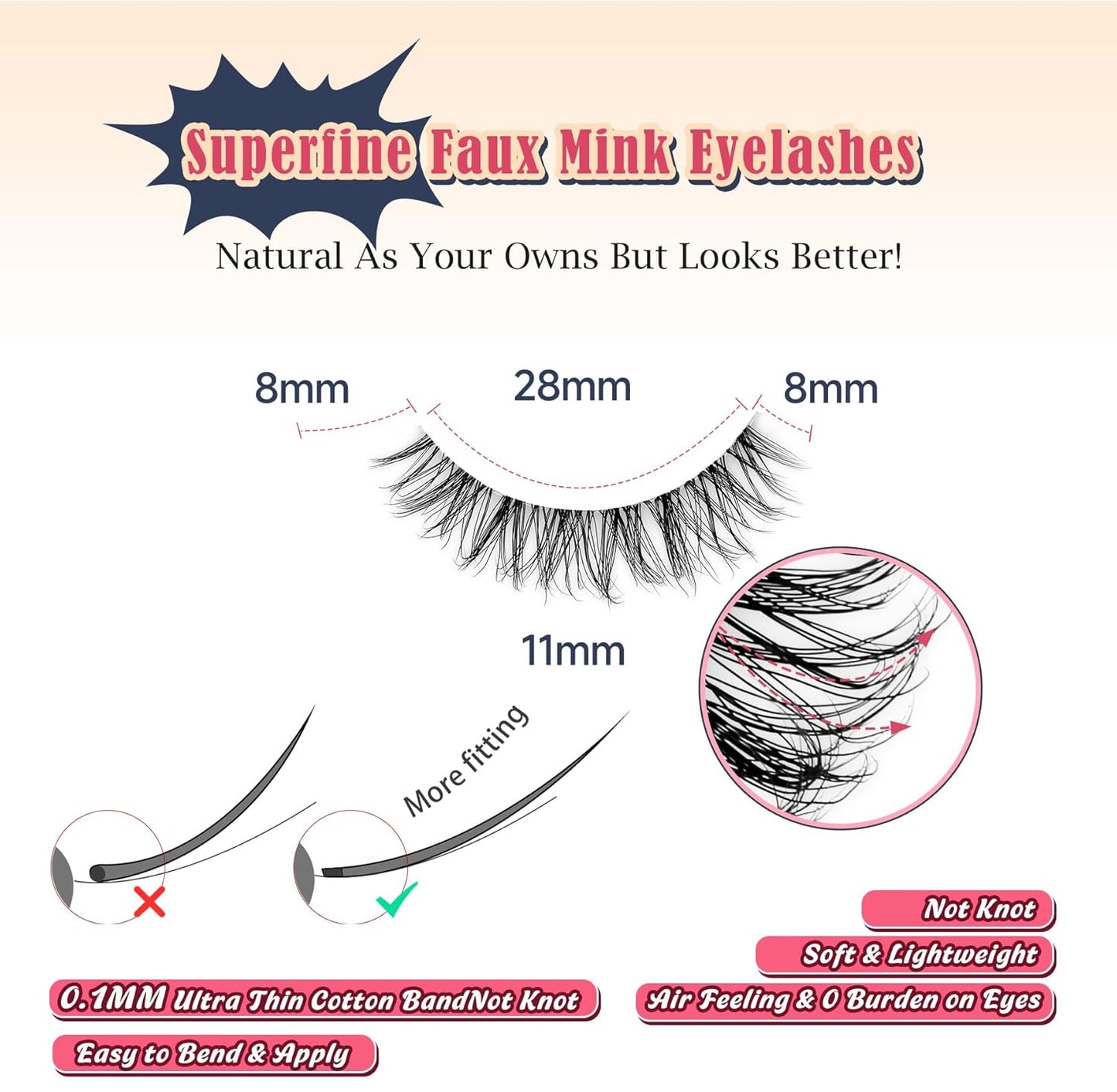 Natural Lashes False 11mm Short Eyelashes Wispy C Curl Eye Lashes Pack with Thin Cotton Band Fake Eyelash 3D Volume For Daily Siligli Lash 7 Pair
