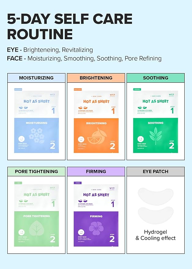 I DEW CARE Sheet Mask Pack - Hot as Sheet 5-Day Eye&Face Multi-masking Set + Face Wash Headband - Pink Tiara Bundle