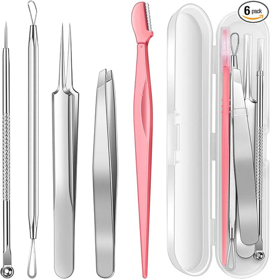 TsMADDTs Blackhead Remover Tools, Ingrown Hair Tweezers, Pimple Popper Tool Kit, Blackhead Extractor, Eyebrows Tweezers for Women Facial Hair Razors
