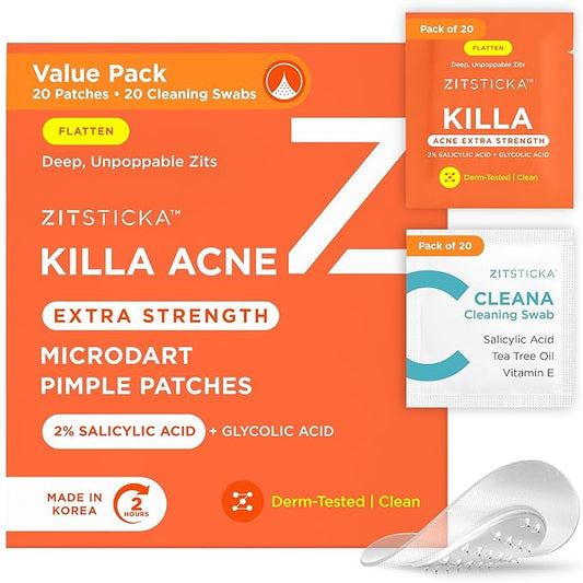 ZitSticka Extra Strength Killa Acne Patches for Face - World's Most Potent Pimple Patch with Fast-Acting Microdarts - Starts Working within 2 Hours for Deep, Early-Stage Zits & Blemish - 20 Count