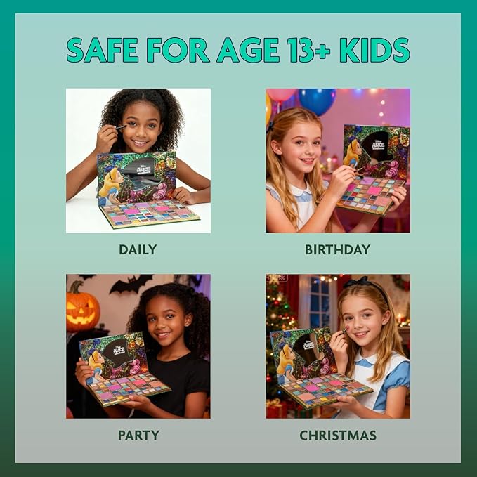 Alice in Wonderland 55 Well Eye Shadow Palette with Mirror, Makeup for Girls and Teens, Shimmery and Matte Colors, by Townley Girl