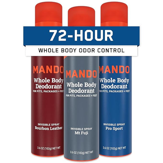 Mando Whole Body Deodorant For Men - Invisible Spray Deodorant - 72 Hour Odor Control - Low Irritation Formula - Aluminum Free, Benzene Free - 3.6 ounce - 3pk - Bourbon Leather, Mt Fuji, Pro Sport