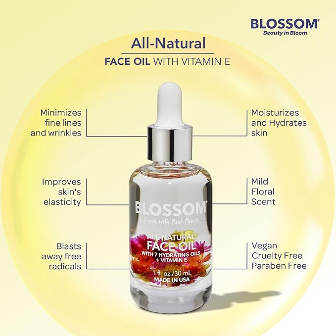 Blossom Unscented All Natural, Vegan, Cruelty Free Face Oil with Vitamin E, Infused with Real Flowers, Made in USA, 1 fl. oz., Summer Breeze