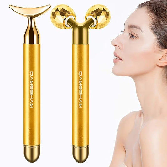 2-IN-1 Electric Face Massager Roller 24k Golden Face Roller, 3D Roller and Unique Crescent Shape Facial Roller Massager Kit Arm Eye Nose Massager Skin Care Tools