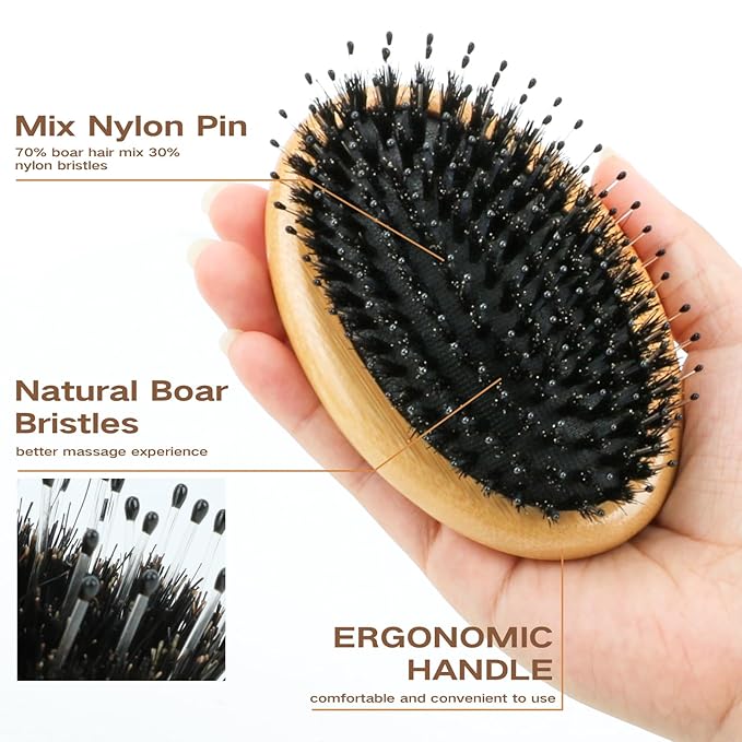 Boar Bristle Hair Brush Combtter Smoothing Scalp Stimulator & Boar Bristle Brush for Added Hair Shine, Moisture & Volume - Tame Frizz & Help Remove Buildup