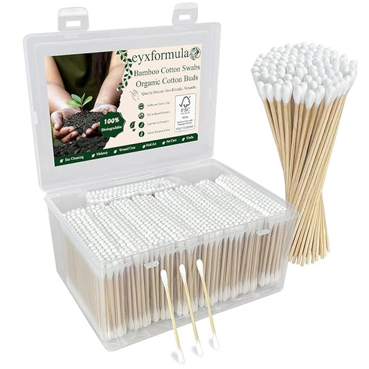 eyxformula 1000 Count Bamboo Cotton Swabs, Soft, Hypoallergenic, Sturdy, 900 Organic Cotton Ear Buds &100 6 Inch Long Swabs for Ear Cleaning, Makeup, Personal & Pet Care, Art & Crafts, Gun Cleaning