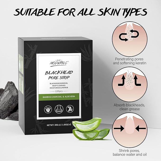 Blackhead Pore Strip 2pcs Aloe Vera Blackhead Remover Strip Bamboo Charcoal Nose Pore Strips Deep Cleaning Whitehead Strawberry Noses Blackhead Remover Face Mask Shrink Pores With 120pcs Paper